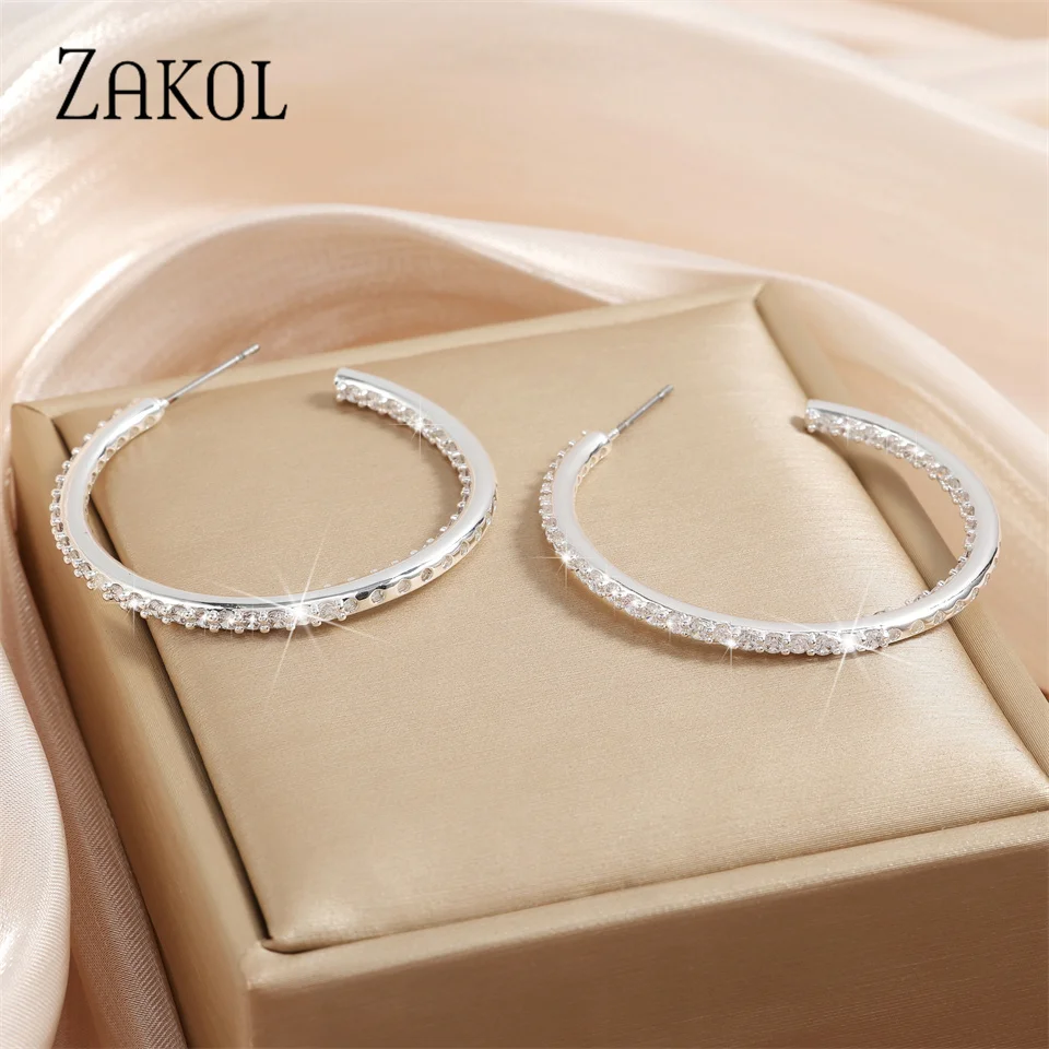 Korean Fashion micropave Zircon Hoop earrings for women exquisite silver color Large C shaped earring Wedding bridal jewelry