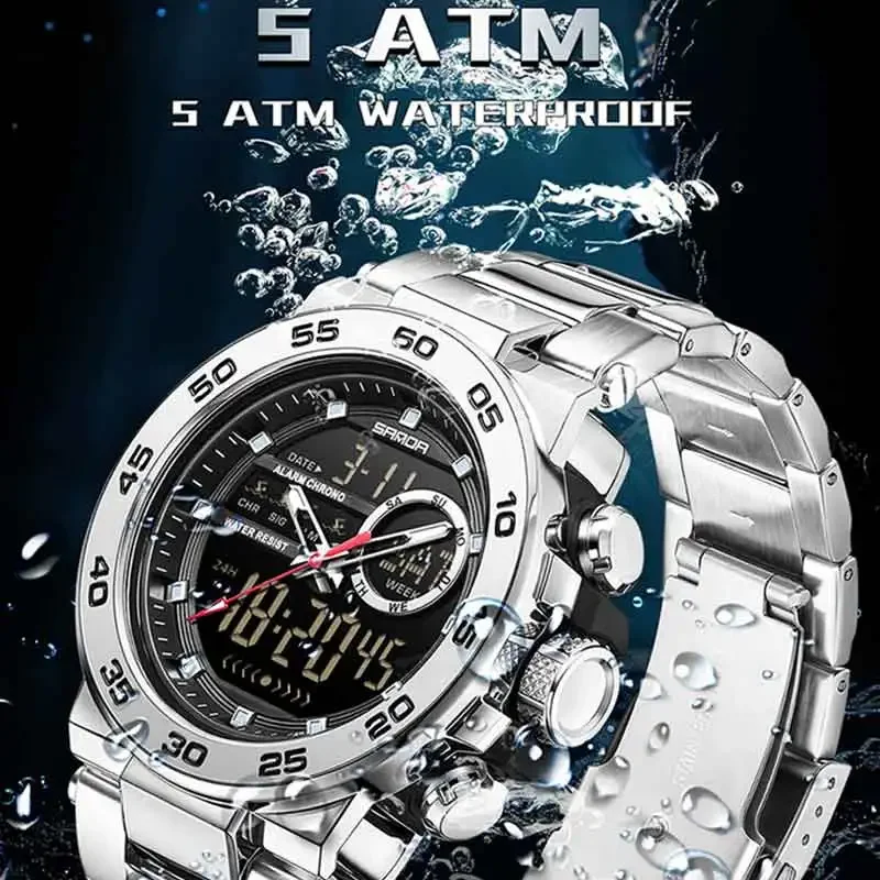 SANDA Fashionable Men's Electronic Watch Sports Multifunctional Waterproof Large Dial Three Pin Double Display Men's Wrist watch