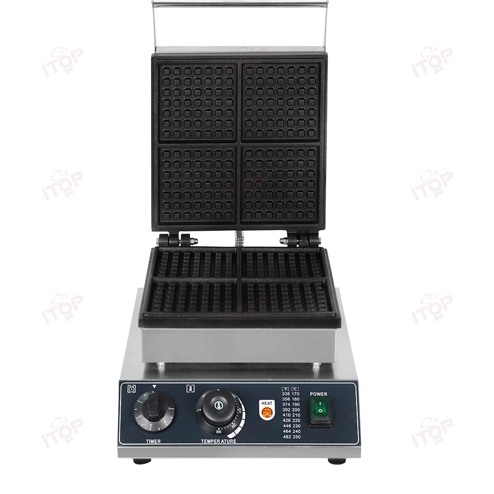 ITOP 4 pcs Commercial Waffle Machine Non-Stick Double-Sided Constant Heating 1750W Each Waffle Size about 11*11 cm