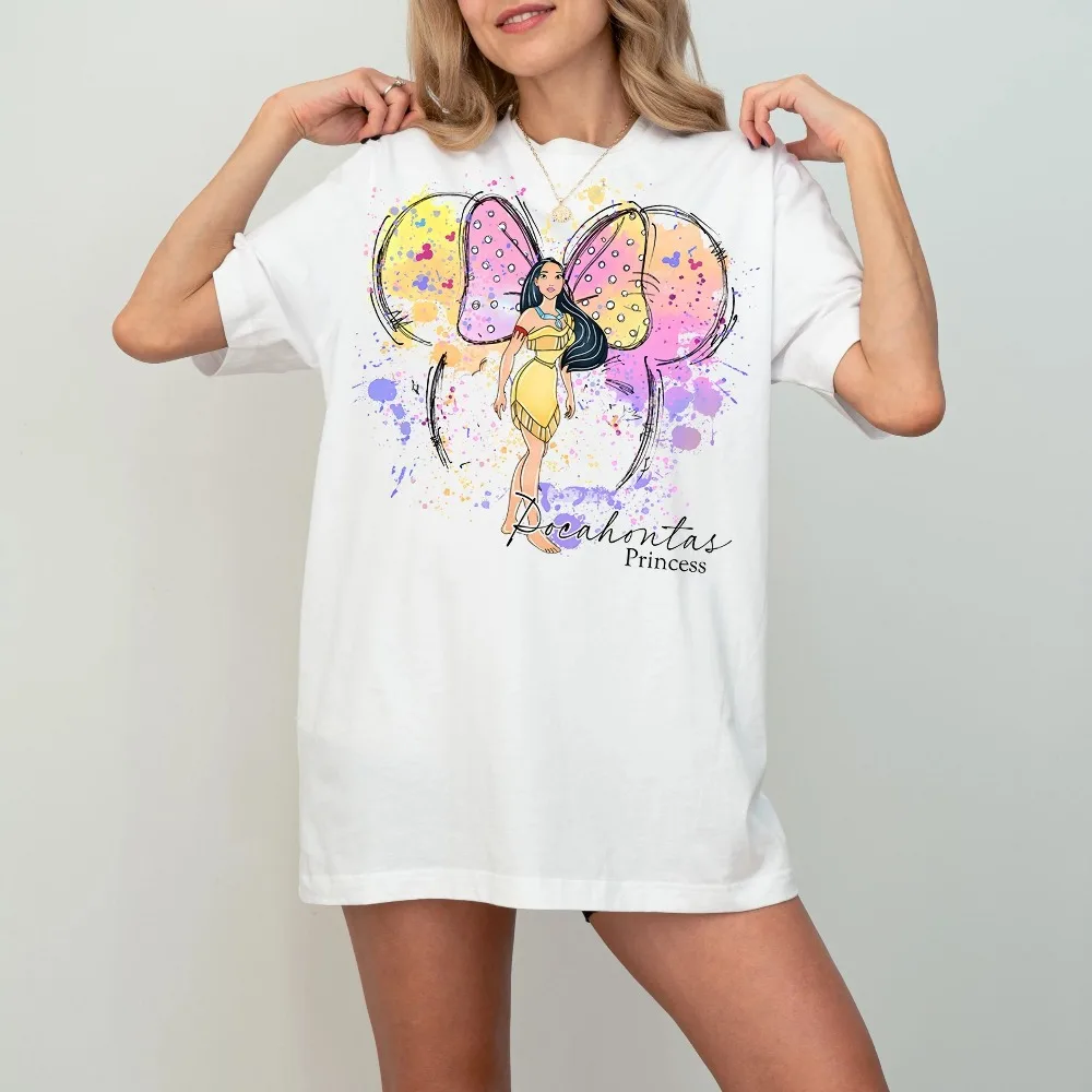 ريترو ديزني بوكاهونتاس لطيف ميني آذان الأميرة ديزني تي شيرت عيد ميلاد فتاة رحلة المحملة لون الماء ديزني الأميرة اللوحة