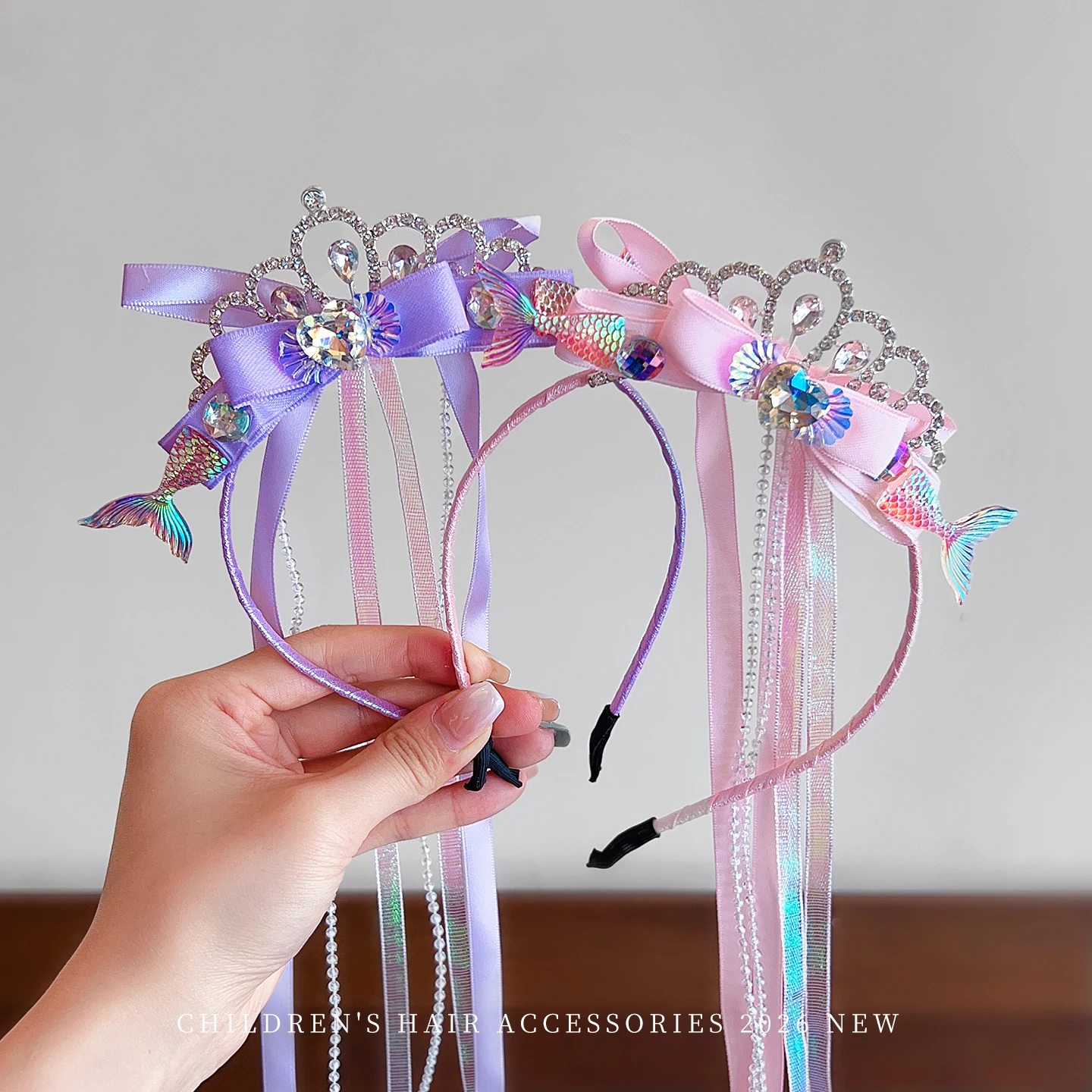 New Kids Princess Crown Headband Mermaid Tail Rhinestone Tiara Long Ribbon Streamer Tulle Veil No Hurt Hair Hoop for Toddler view 6