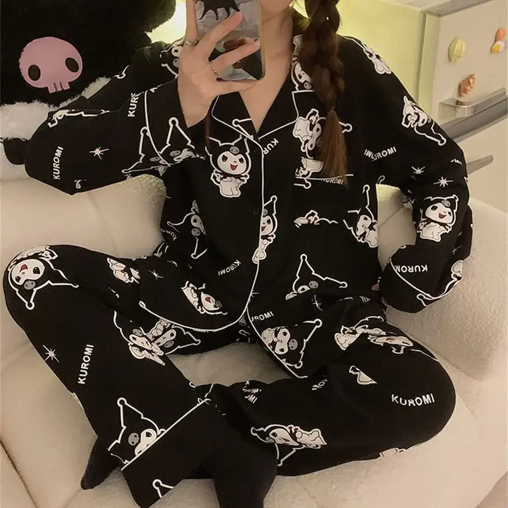 Sanrio Hello Kitty Kuromi Pyjamas Home Clothes Spring Set Women Long Sleeve Top Shirt Pant Pajamas Suit Y2k Cute Sleepwear