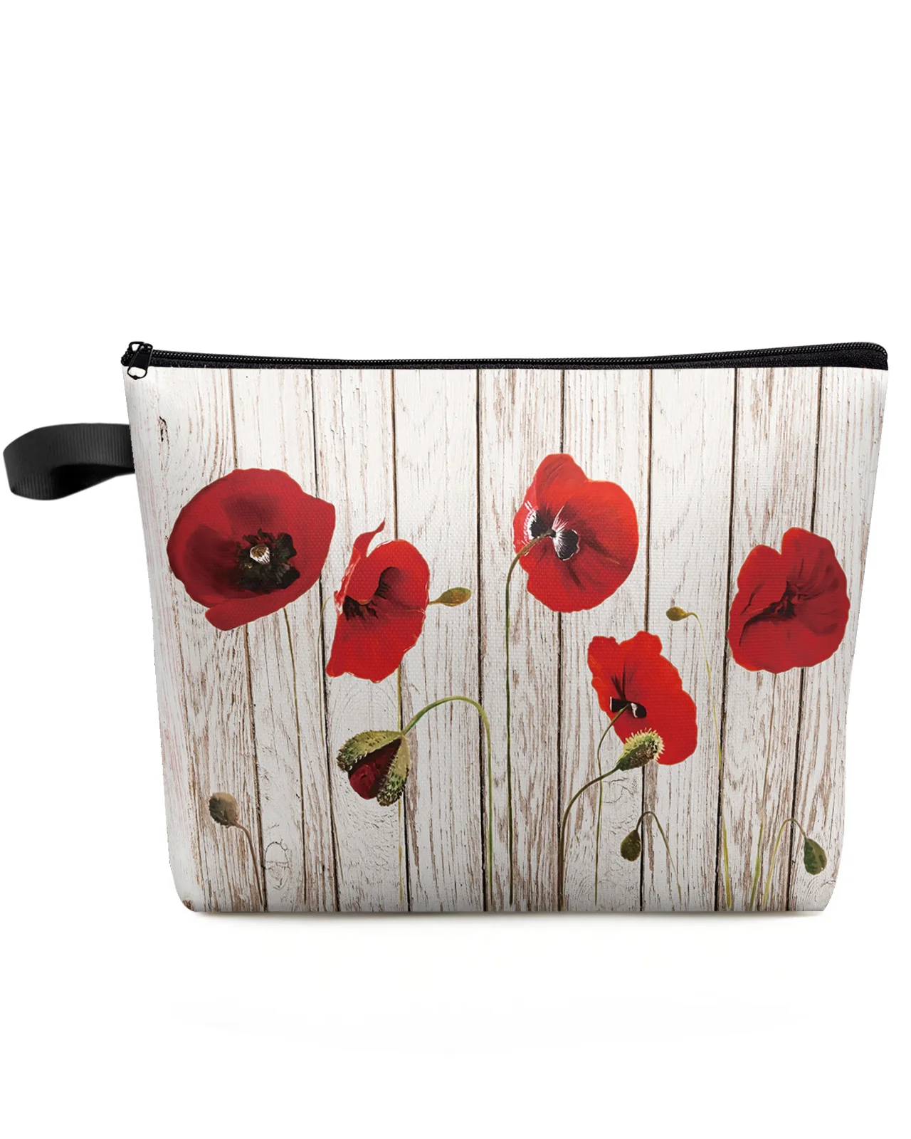 Vintage Wooden Texture Red Poppy Flower Makeup Bag Pouch Travel Essentials Women Cosmetic Bags Organizer Storage Pencil Case