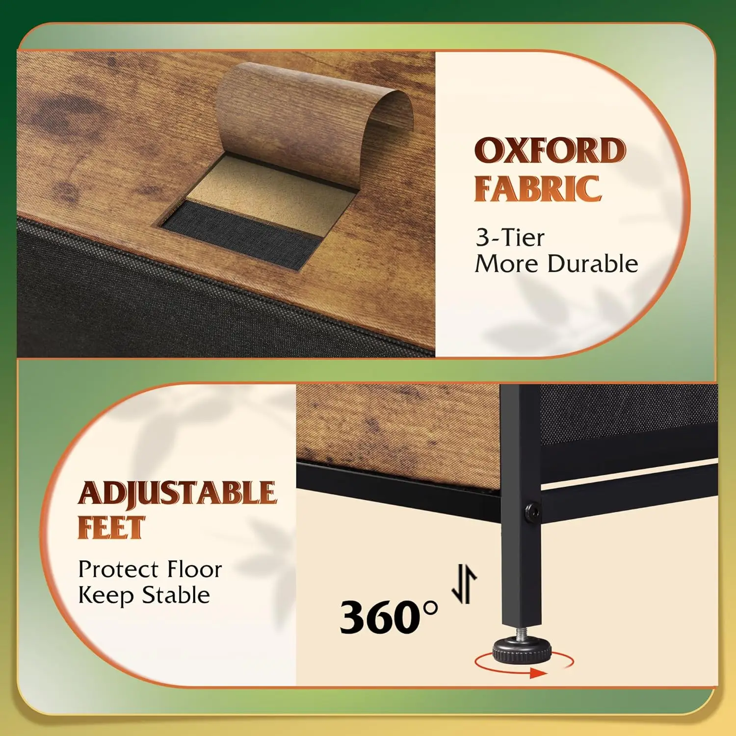 Wysoka komoda z 10 szufladami z tkaniny, metalowa rama, rustykalny wzór drewna w kolorze brązu do przechowywania w sypialni.