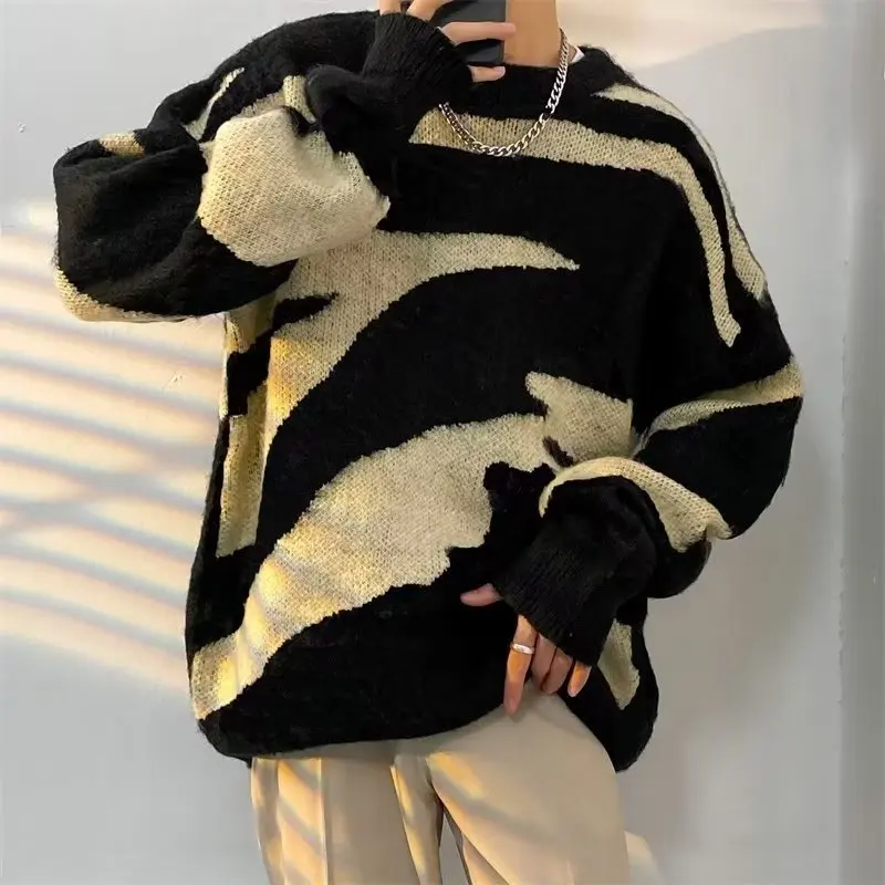 

Мужской вязаный свитер оверсайз свободного кроя, большие размеры, 250 Pou, модный, повседневный, с круглым вырезом, зимний, уличный стиль