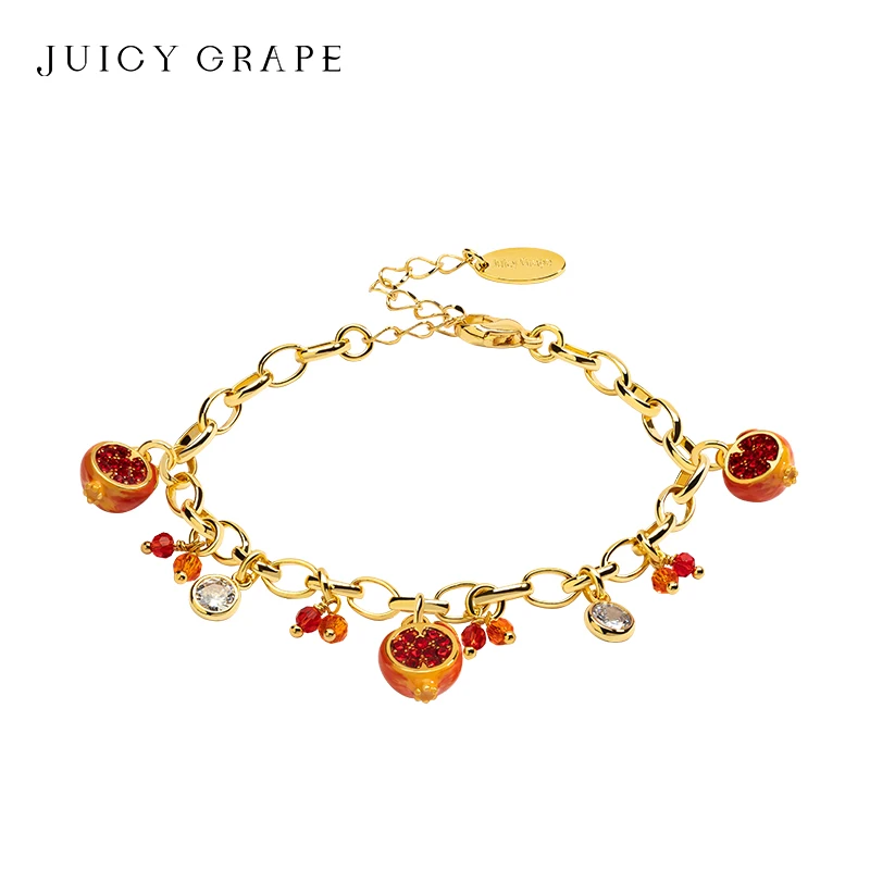 JuicyGrape Pomegranat Bracelet Fruit Pendant Bracelet Adjustable Bracelet Handmade Enamel Bracelet Plated with18K Real Gold Gift