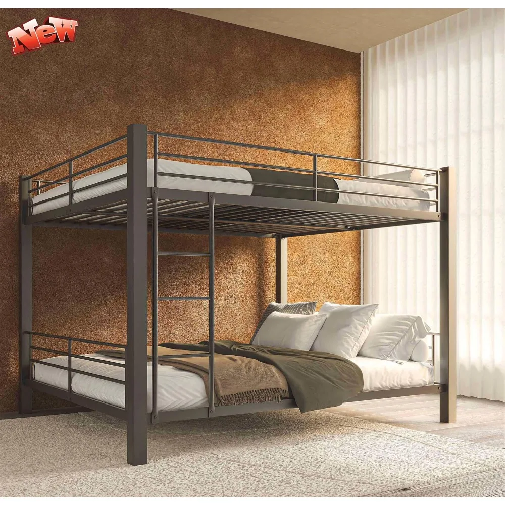 أحدث ترقية وأقوى سرير كوين بطابقين للبالغين، سرير معدني عالي التحمل بحجم كوين مع سلم وطول كامل #1