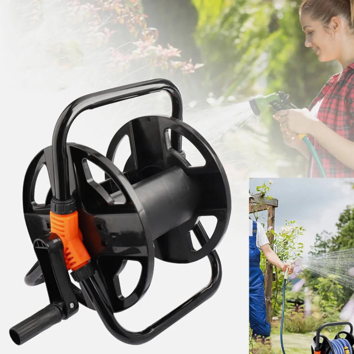 Chariot enrouleur de tuyau d'arrosage portable pliable 360° °   Poignée rotative, roues antidérapantes, capacité de 20 m pour tuyau d'arrosage, pince de fixation en plastique durable, léger (1,2 kg), support de rangement pour l'arrosage du jardin, le lavage de voiture, le nettoyage domestique et l'entretien.