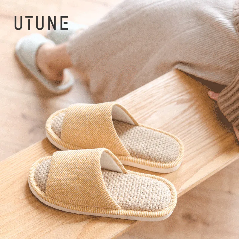 UTUNE-chinelos de linho natural para mulheres, sapatos confortáveis, sola macia, slides antiderrapantes para casal, casa, quatro estações