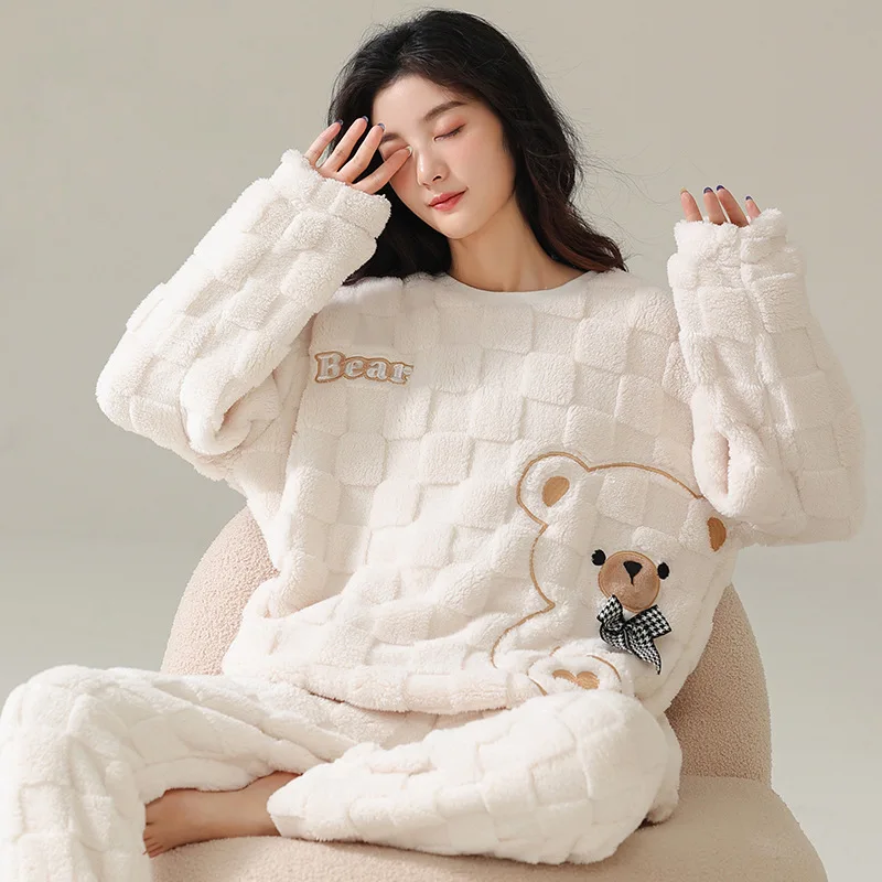 INS Japan Bear  Autumn Winter Warm Flannel Women Pyjamas Sets Thick Coral Velvet Soild Fleece Sleepwear Casual Flannel Homewear