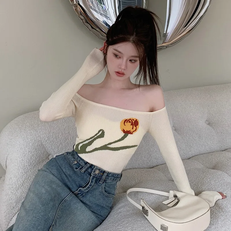 Women's Crop Top Off Shoulder Long Sleeve Knitted Slim Sexy Retor Flower Print Pullover Inner Wear Spring Autumn Versatile