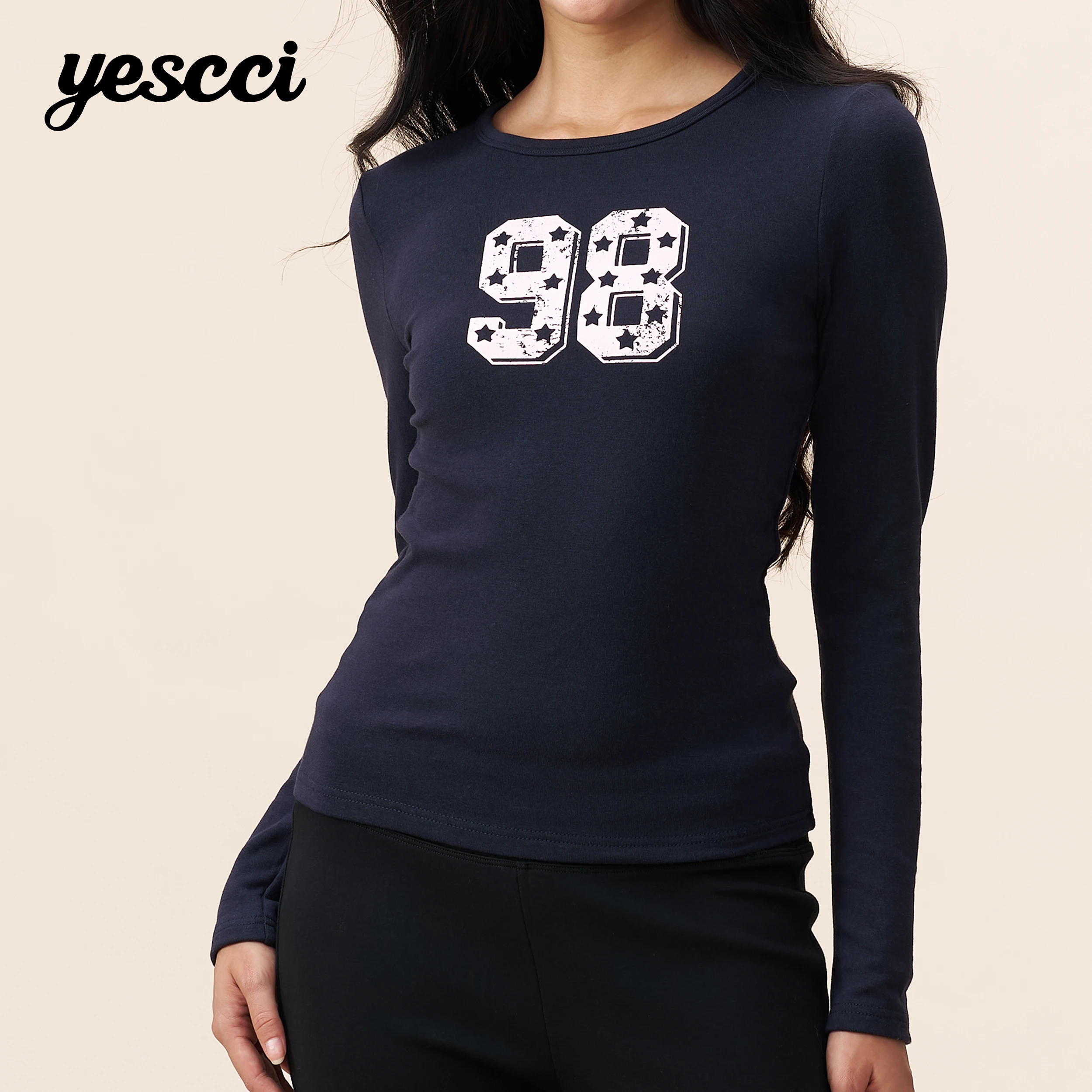 YESCCI Vintage Women's Tee Shirt Number Print Long Sleeve Fashion Slim Fit Autumn New Soft Brushed Lining Warm Top Tee S55421131