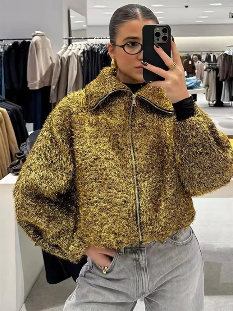 

Women's Fashion Metallic Colored Wire Bomber Jacket Coat Long Sleeve Zipper Jackets For Women Elegant Glitter New Outerwear