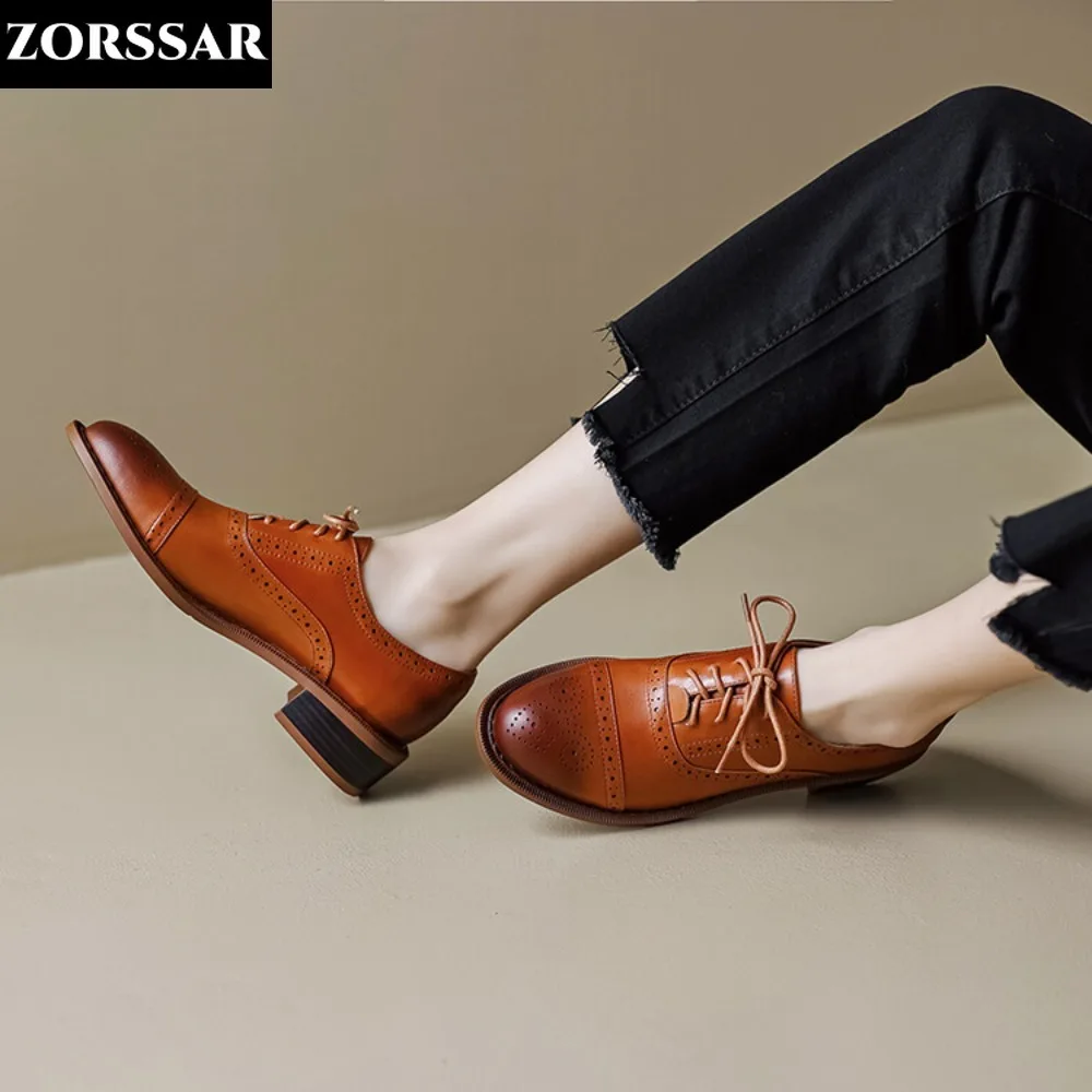 Women Brogue Shoes Women Flats Autumn Spring Women's Oxfords Genuine Leather Full Black Brown Flat Office Derby Female Shoes