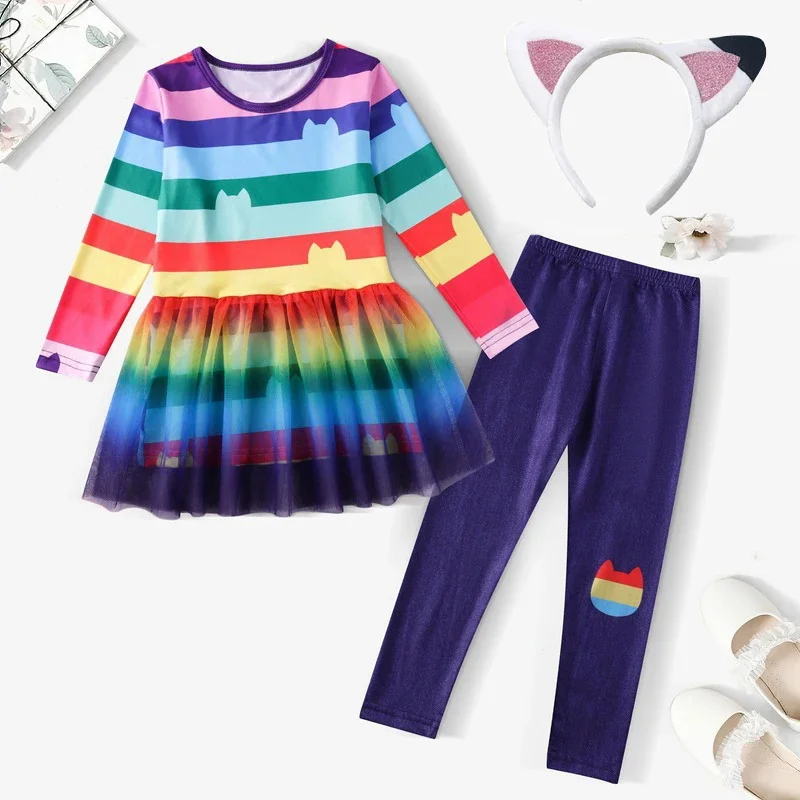 Cats Clothing Sets for Children Cosplay Costume Summer Dress Rainbow Perform Girls Birthday Gift Outfits