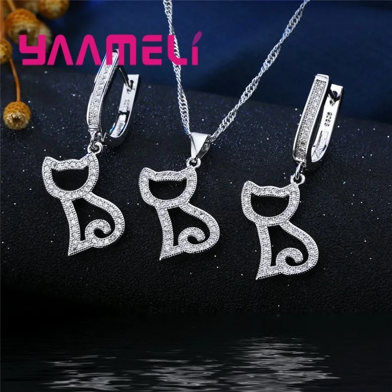Fashion Genuine 925 Sterling Silver Cute Cat Pattern Jewelry Sets For Women Girls Pendants Necklace Earring Sets Birthday Gifts