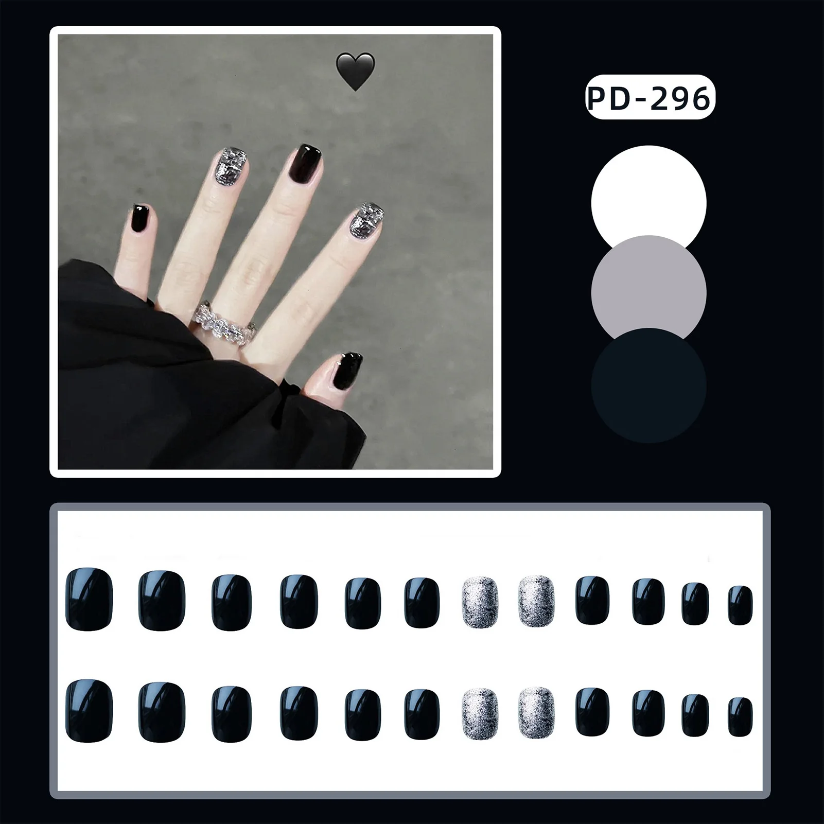 Glossy Black & Silver False Nails Moderate Thickness Comfortable to Wear Nails for Fashion Girls Hand Decoration