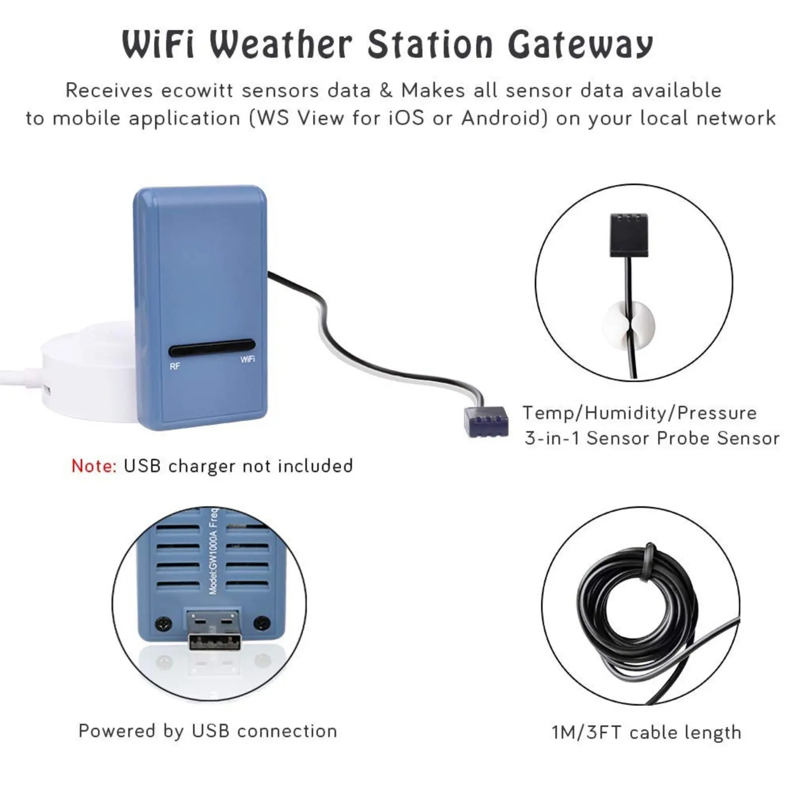 Ecowitt GW1104 Gateway per stazione meteorologica wi-fi con sensore di temperatura e umidità multicanale Wireless igrometro termometro