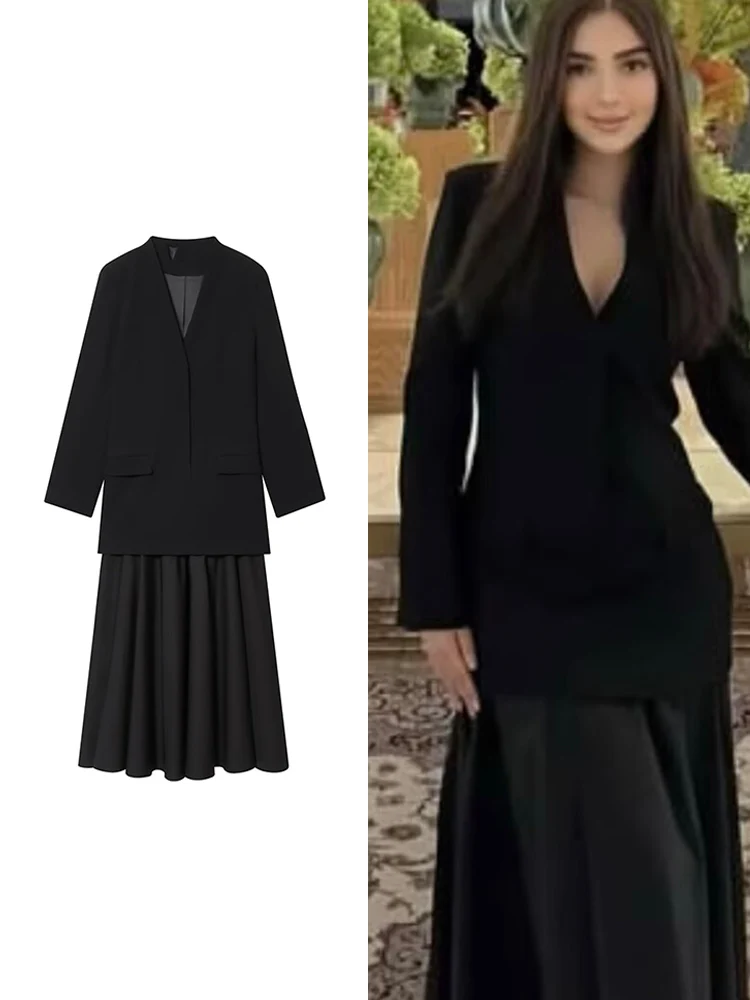 Robe Blazer épissée élégante pour femmes, col en V, manches longues, Vintage, noire, mi-longue, vêtements d'automne, Slim Fit, pour les déplacements