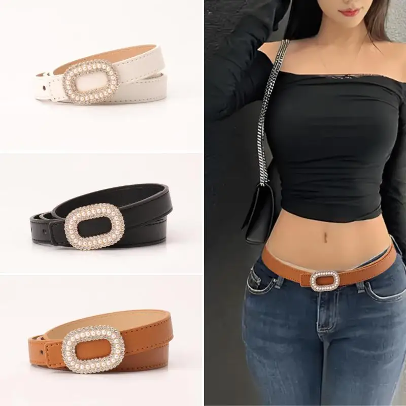 Women's PU Leather Belt Bling Rhinestone Pearl Buckle Decorative Waist Belt for Jeans Gifts for Ladies
