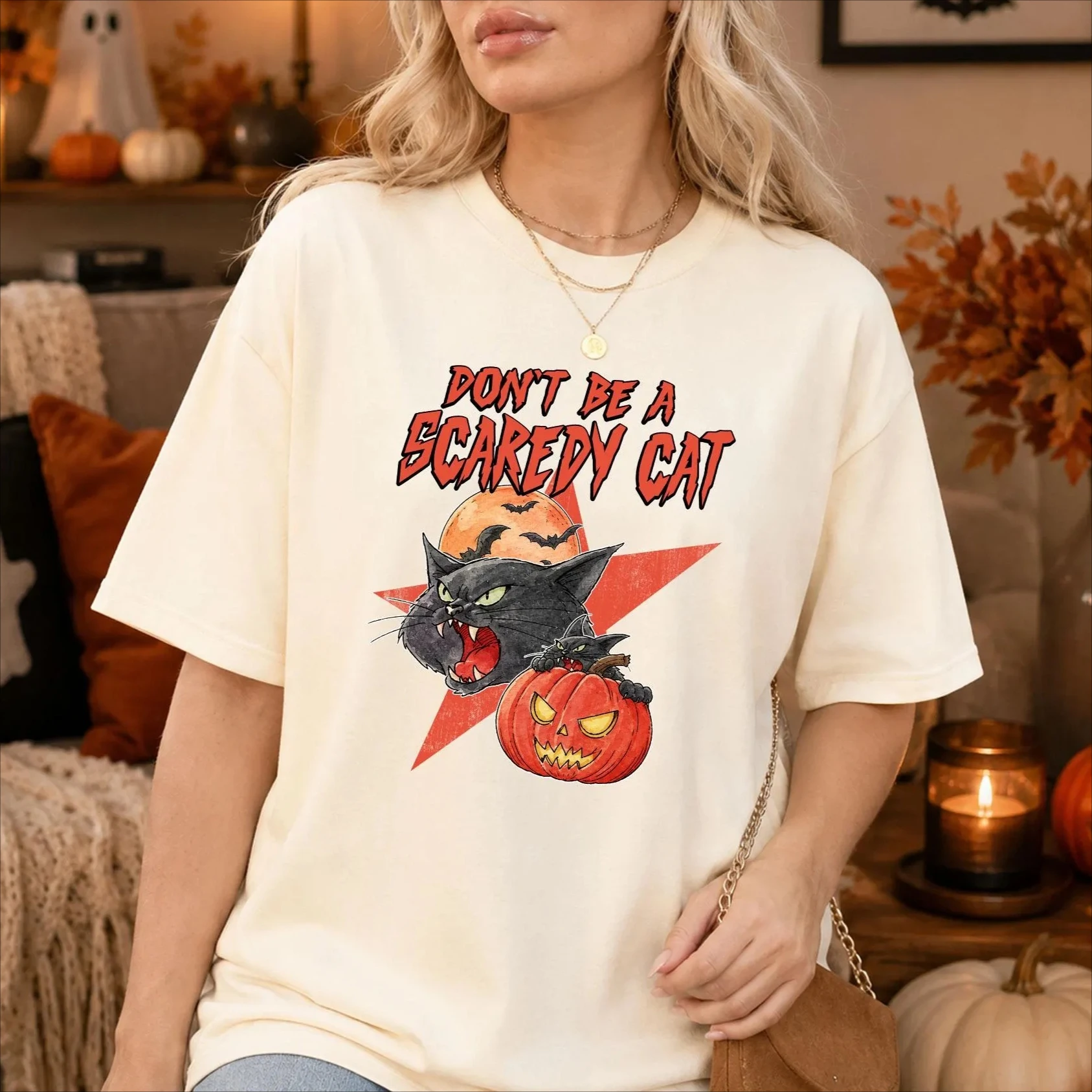 Don’t Be A Scaredy Cat Retro Halloween T Shirt Summer Men's Tracksuit Pullover Breathable Sportswear Harajuku Fashion Streetwear