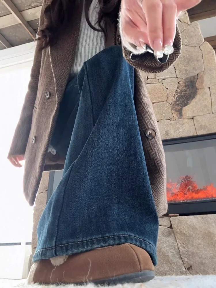 플러스 사이즈 딥 블루 안감 부츠컷 청바지 여성용 가을 겨울 하이웨이스트 슬림 와이드 레그 팬츠 캐주얼 웨어