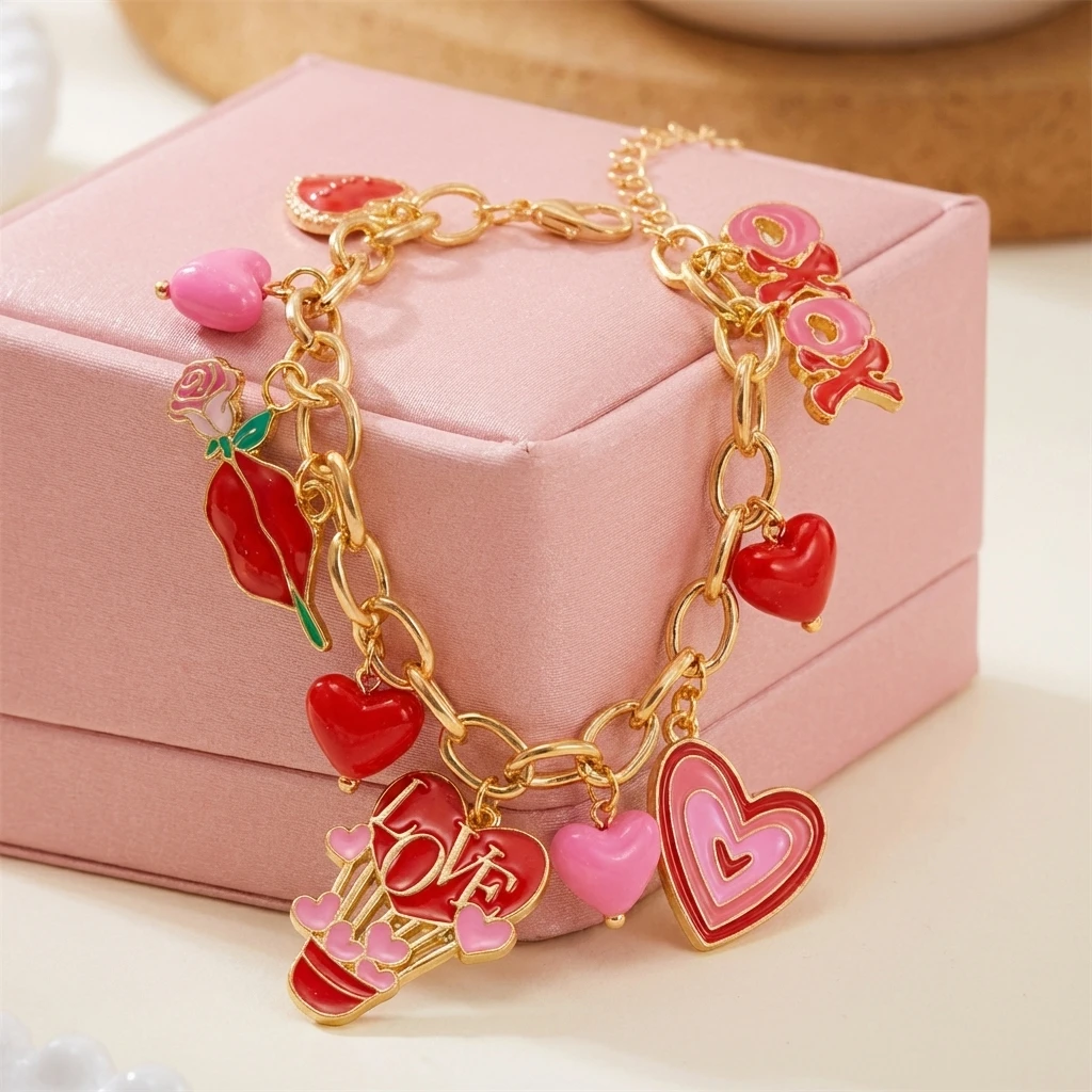 Romantisches Valentinstagsgeschenk XOXO Liebe Herz Anhänger Charm Armband für Frauen Gold Farbe Emaille Rose Blume Handgelenk Kette Party Schmuck – Detail 4
