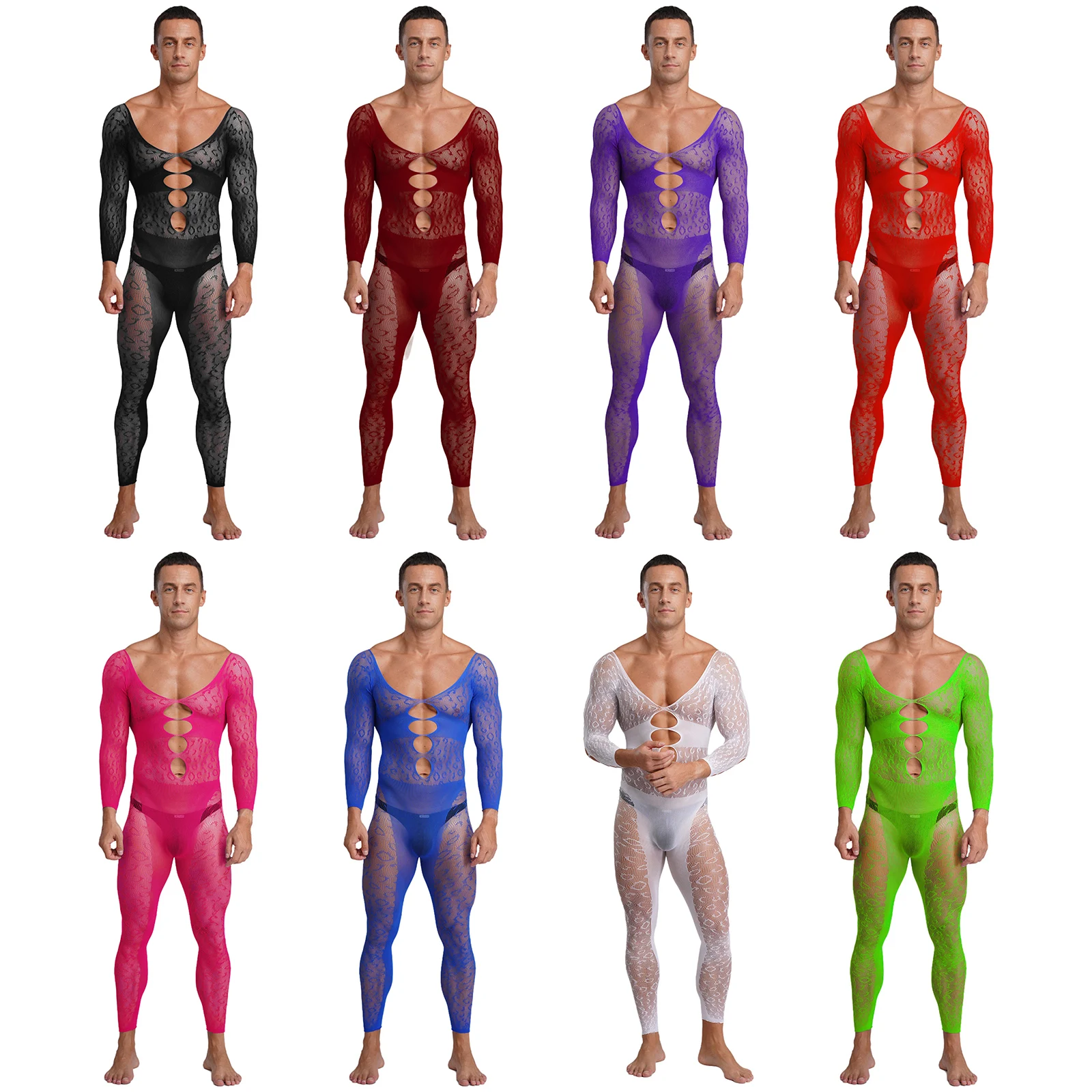 

Mens Daring Fishnet Bodysuit with Strategic Cutouts And Full Body Coverage Stretchy Mesh Unitard for Nightclub Events