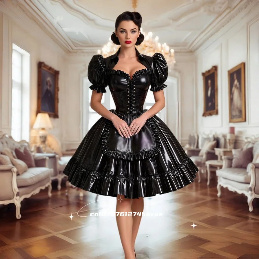 Kurzes Steampunk-Abschlussballkleid aus schwarzem PVC, Korsett, Puffärmel, Gothic-Abendkleid, maßgeschneidertes Dienstmädchen-Cosplay-Party-Kostüm