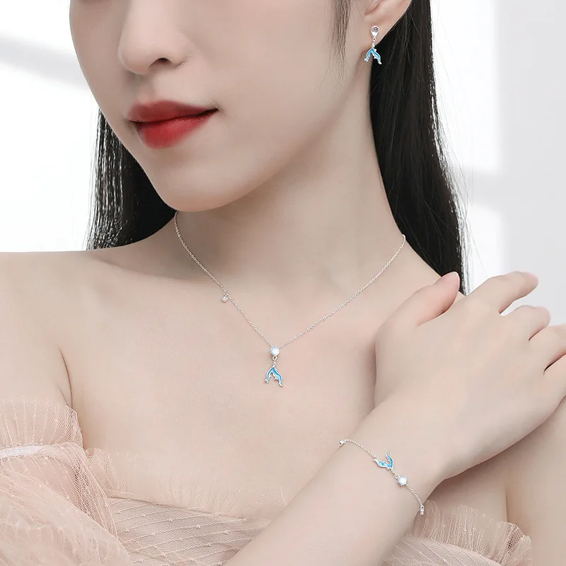 925 Silver Mermaid Necklace Bracelet Earrings Ring Moonlight Jewelry Gift for Women Birthday Anniversary Elegant 4-Set view 4