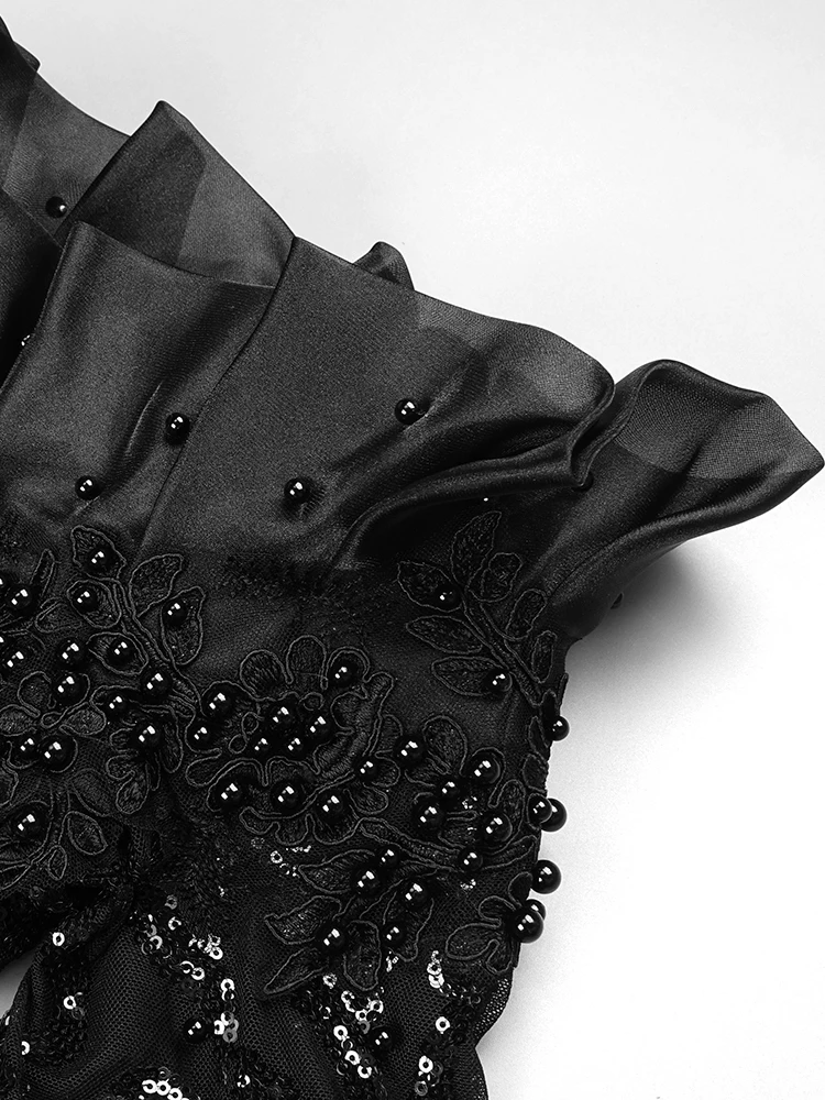 فستان أسود طويل بأكمام واحدة مفتوح الساق للنساء مزين بالترتر واللؤلؤ ومطرز ماكسي للحفلات الراقصة والمشاهير والحفلات المسائية #5