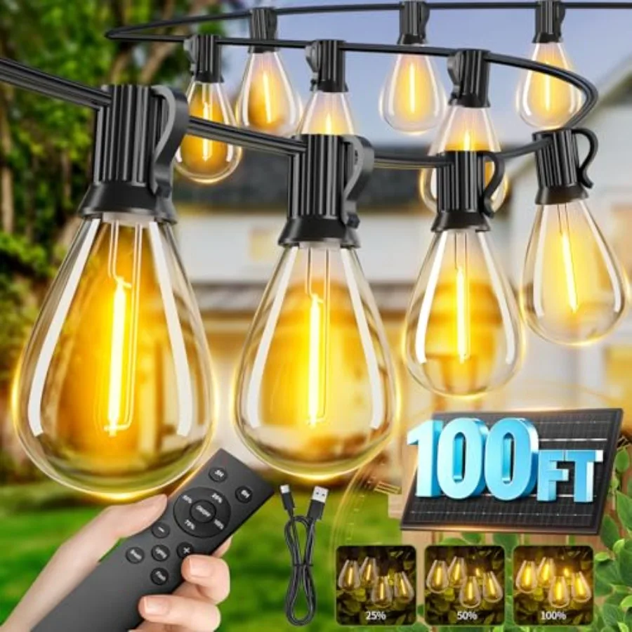 

100Feet Solar String Lights Outdoor Waterproof, 35+1 LED Solar Powered Lights with Remote Control, 3 Light Modes and Dimmable,