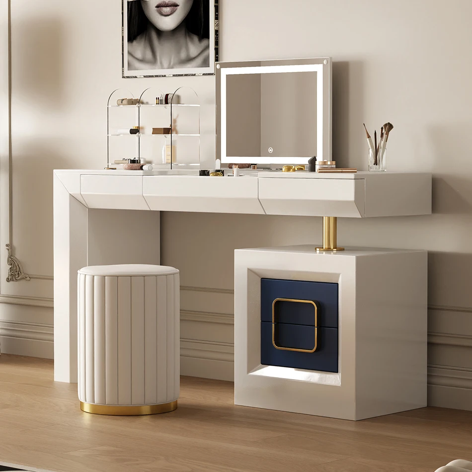 @！AIYI-0824 Light Luxury Clamshell Dresser Bedroom LED Lights Makeup Dressing Table with Induction Light Double Suction Storage