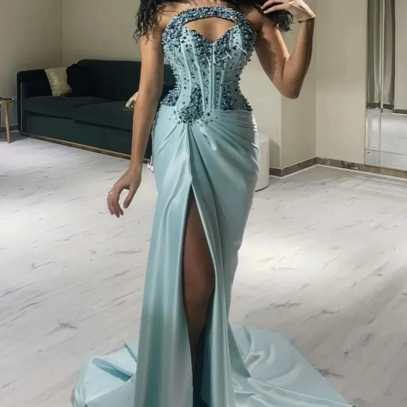 

Gorgeous Luxury Front Split Party Special Occasion Dresses Strapless Pearl Sequin Mermaid Sexy Prom Evening Dress Cocktail Wear