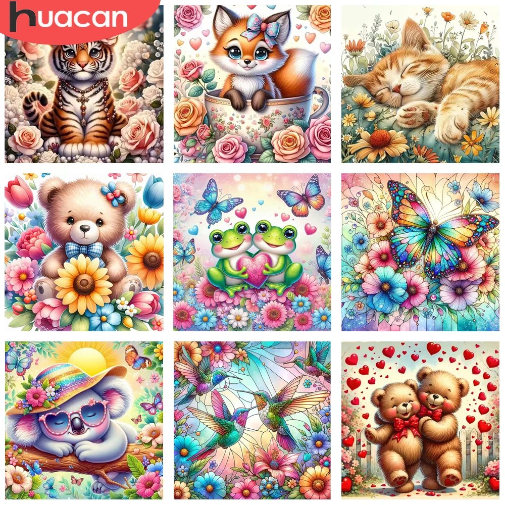 HUACAN Diamant-Mosaik-Set, Tier-Blume, komplett, rund, Diamant-Gemälde, komplettes Set, TIger Bär, Schmetterling, Geburt, Bilder, DIY-Geschenk