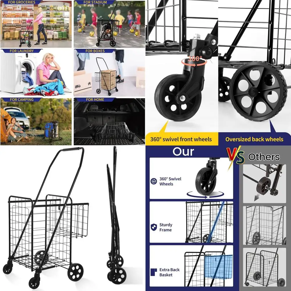 

Регулируемая складная корзина для покупок емкостью 200 фунтов, 360° ° Поворотные колеса и двойные корзины для утилиты