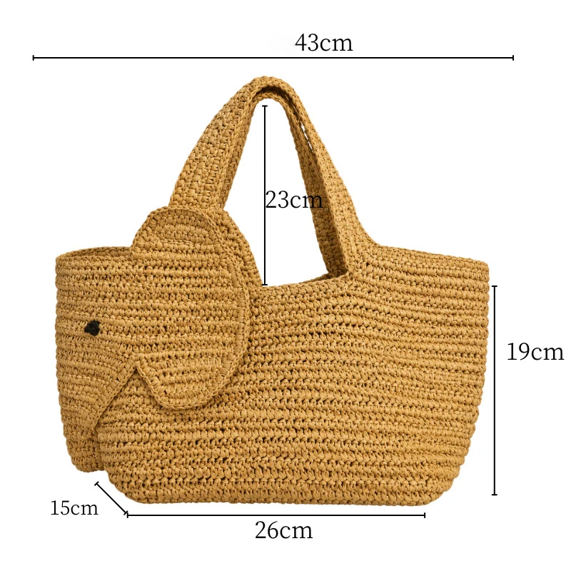 Elefantenförmige Raffia Handgewebte Strohtasche, Damen Schultertasche, Sommer Strand Urlaub Seaside Casual Tragetasche, Leichtgewichtig – Detail 14