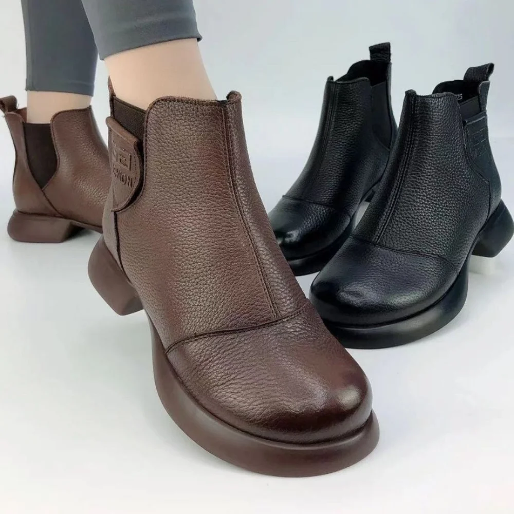 3cm Genuine Leather Women Chelsea Chimney Ankle Mid Calf Boots Spring Autumn Fashion Flats British Style Soft Comfy Shoes