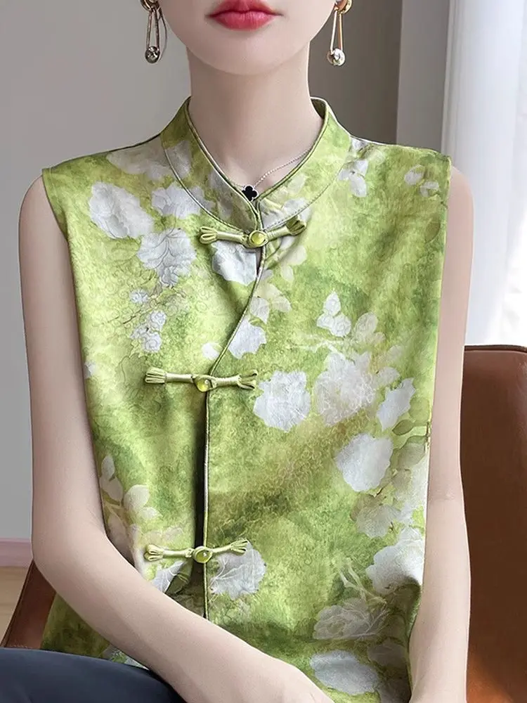 

Elegant Silk Shirts Women's Collarless Sleeveless Vest Top Floral Embroidery Traditional Chinese Style Business Casual Summer...