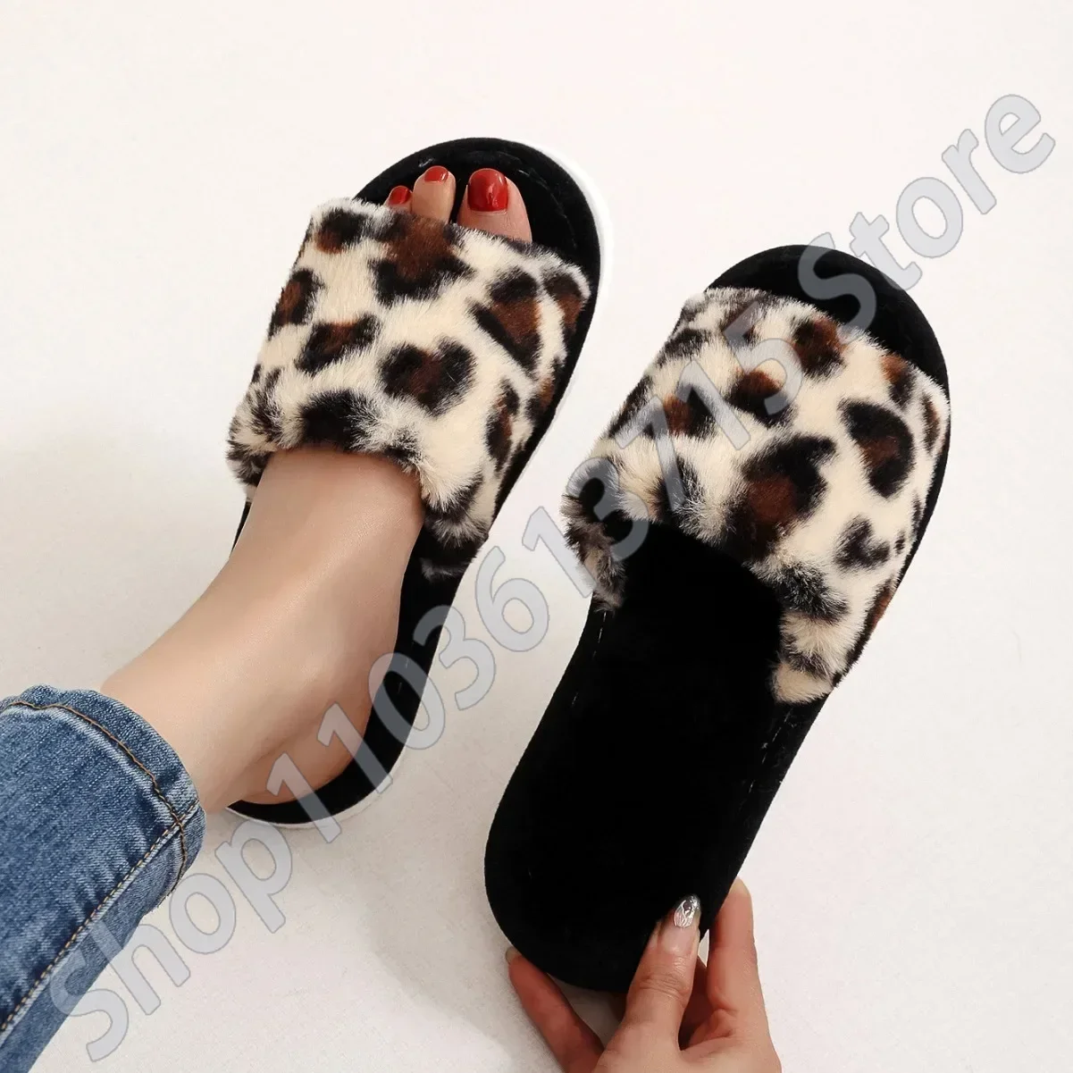 Autumn Winter Leopard Print Slippers Women's Fashion Plush Fur Slides Home Flip Flops Indoor Warm EVA Anti Slip Living Room Shoe