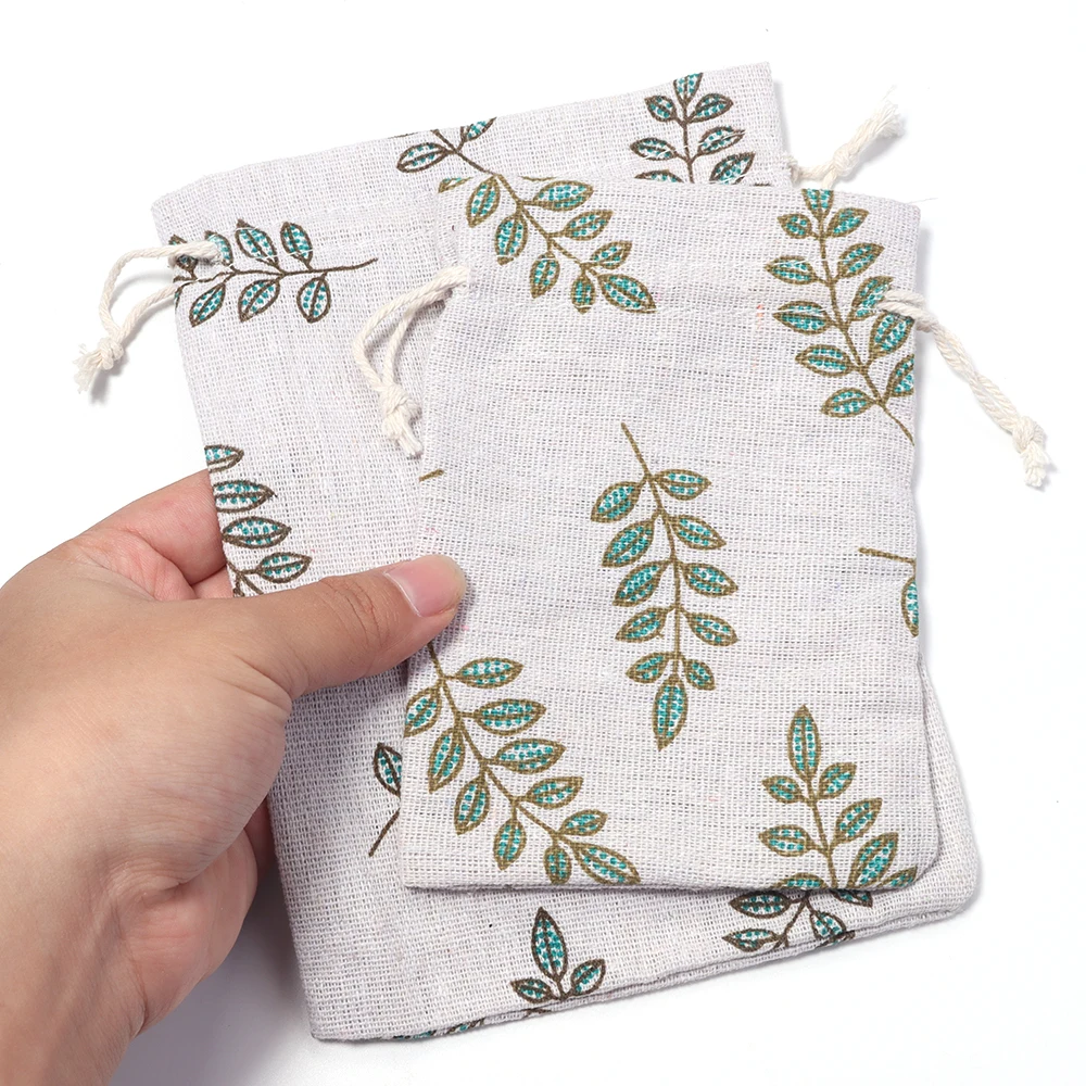 5 Stück/Set Baumwoll-Leinen-Beutel mit grünem Blattmuster, Geschenkbeutel, Schlüssel-, Münz- und Kosmetik-Aufbewahrungsbeutel, Schmuckverpackungsbeutel – Detail 1