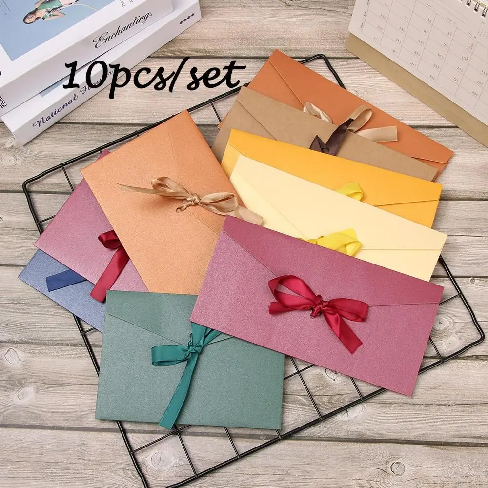 10 Pcs/ Set Stationery Bow Multicolor Retro Greeting Card Bags Envelope Pearlescent Paper Envelop Ribbon Mailer