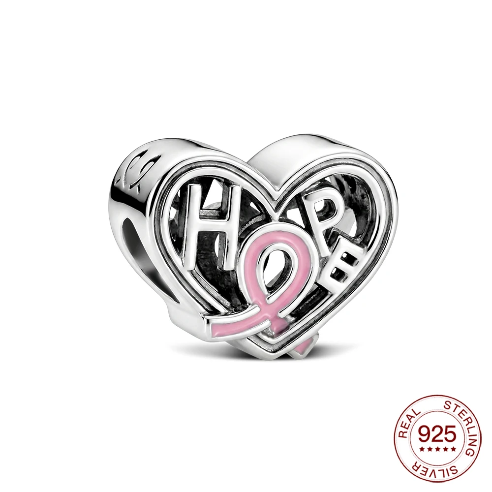 Nouveau pendentif en argent sterling 925 avec ruban rose, perles en forme de cœur, breloques pour la fabrication de bijoux, pour bracelet classique, cadeaux DIY pour femmes