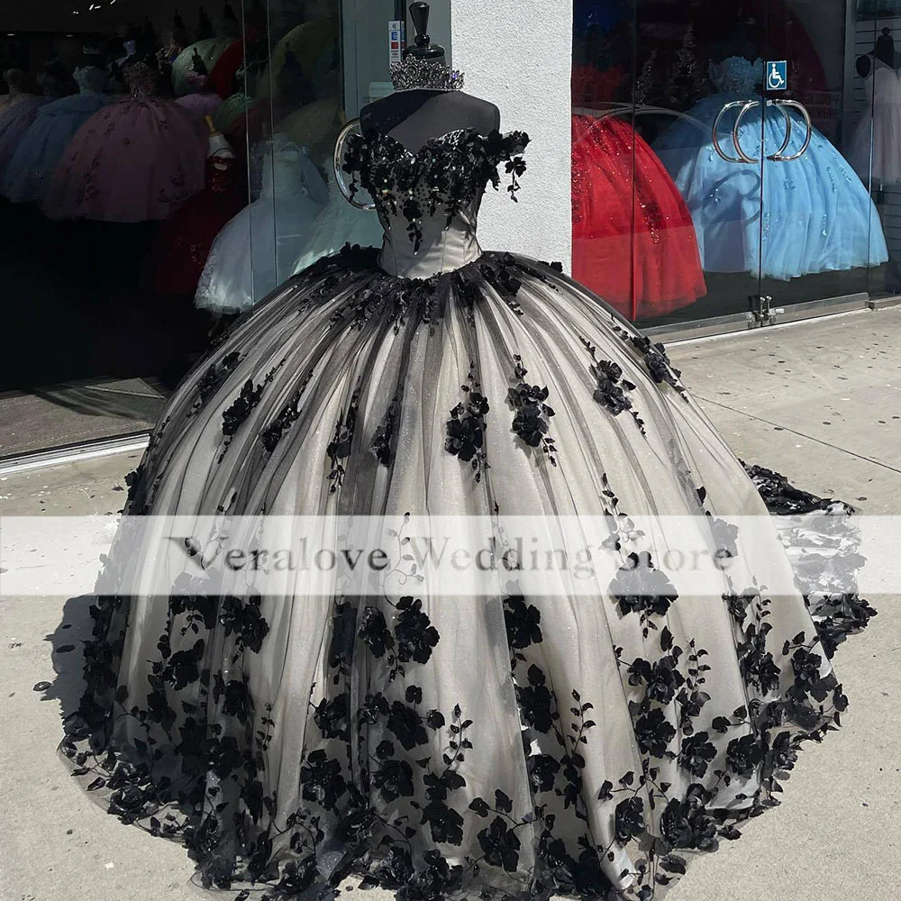 Customized Romantic Black 3D Flowers Princess Ball Gown Quinceanera Dresses Off Shoulder Sweet 16 Dress Vestidos De 15 Años