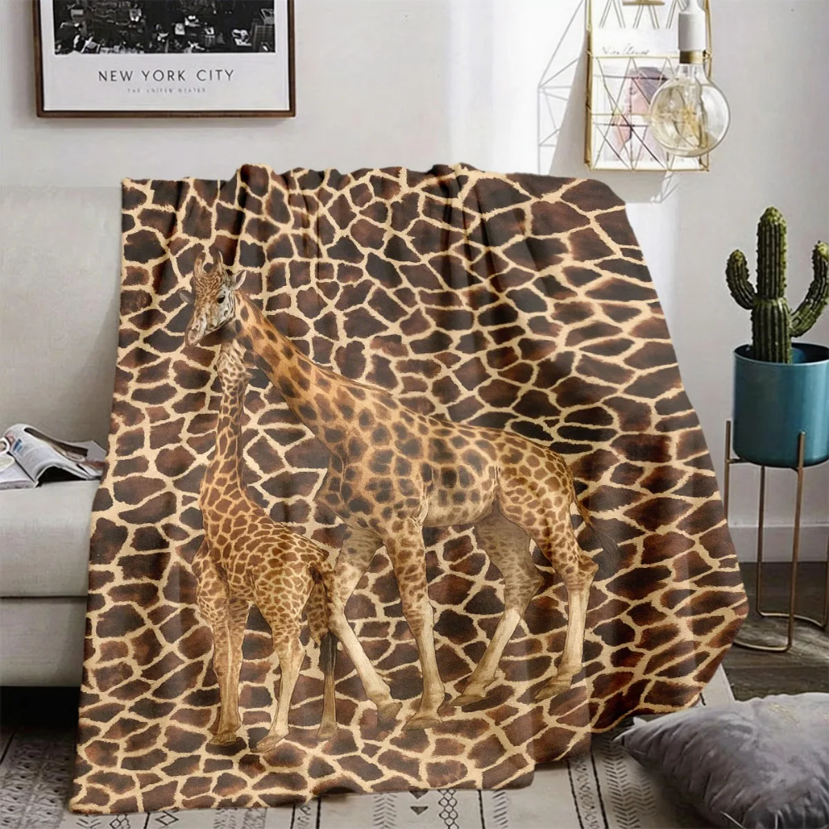 Wild Giraffe Family Skin Pattern Flannel Throw Blanket Safari Animal Print Soft Warm Blanket for Couch Bed Home Decor Gift