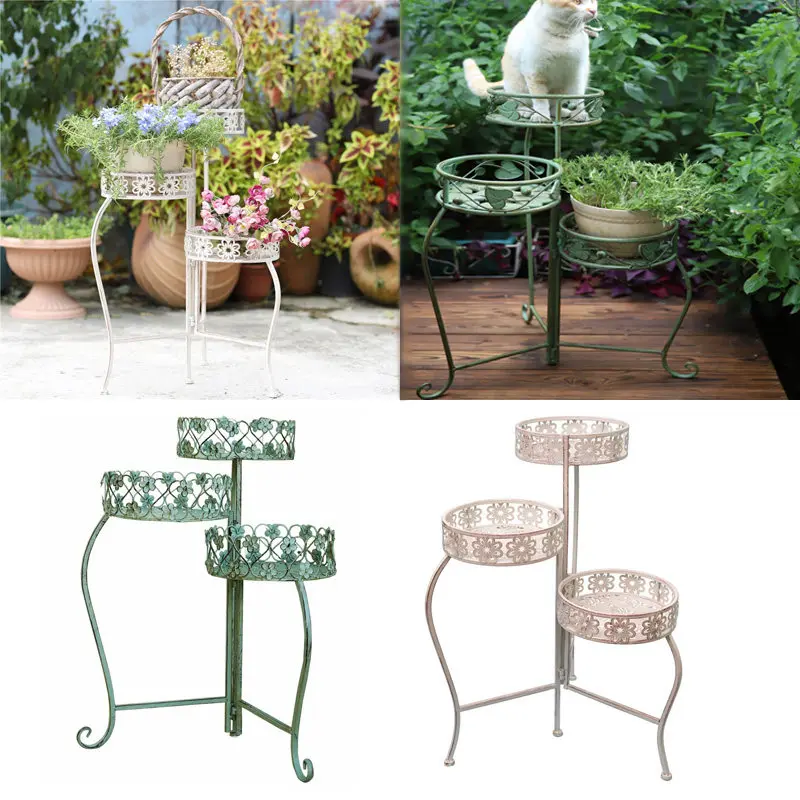 Wrought iron folding flower stand three-layer linked basket center lace balcony garden courtyard raised pot outdoor decorative s