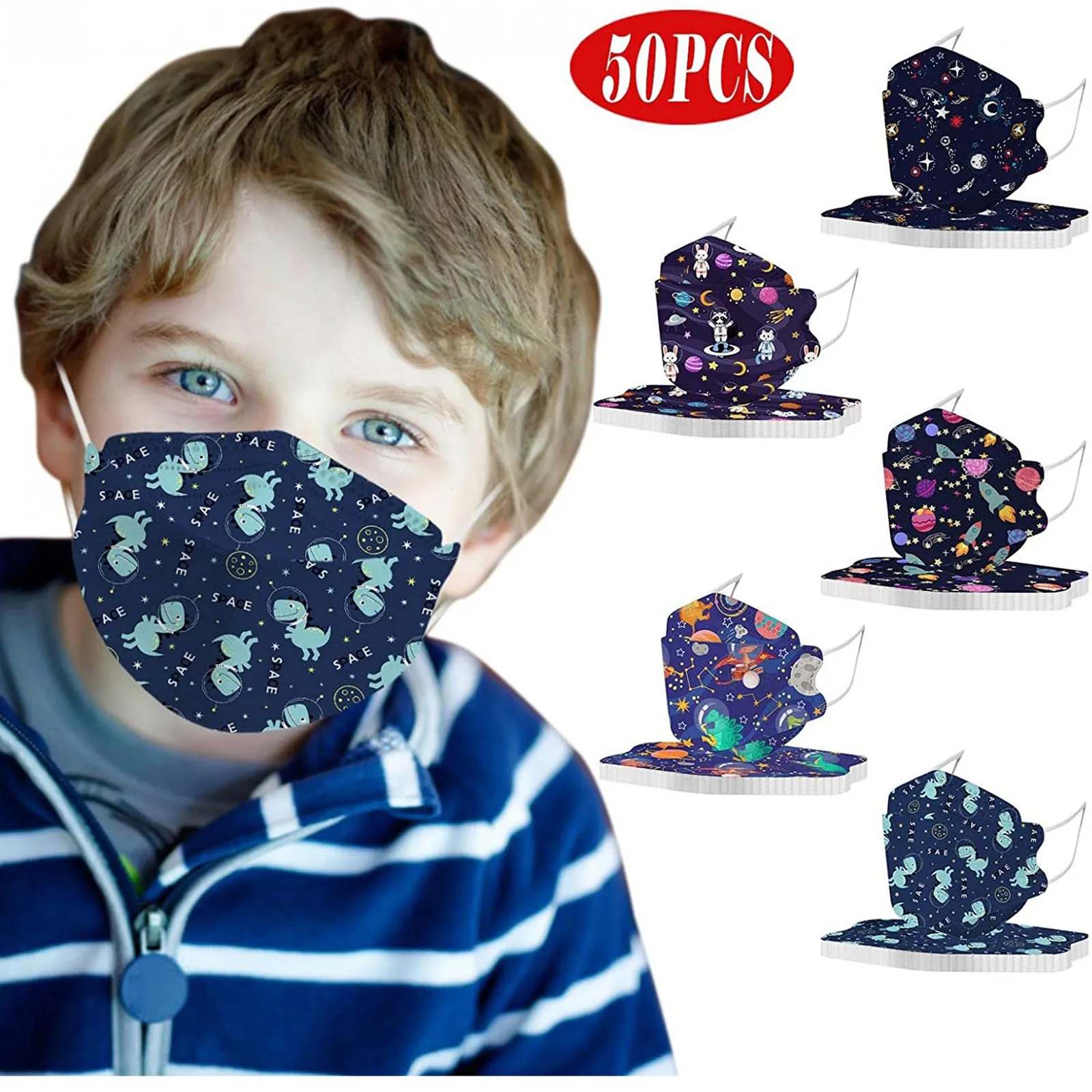 50Pcs Kids Disposable Face_Masks With 3D Designs 4-Ply Cute Printed Breathable Face_Mask