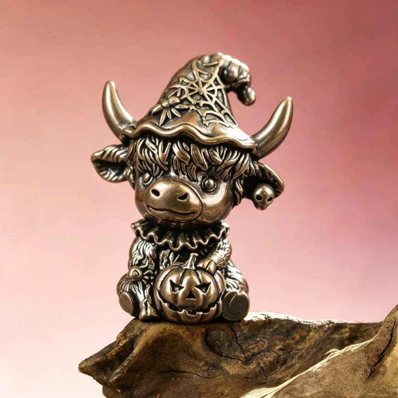 Brass Highland Cow With Pumpkin Head Mini Statue, Metal Home Office Desktop Bookshelf Craft For Halloween Collectible Figurines.