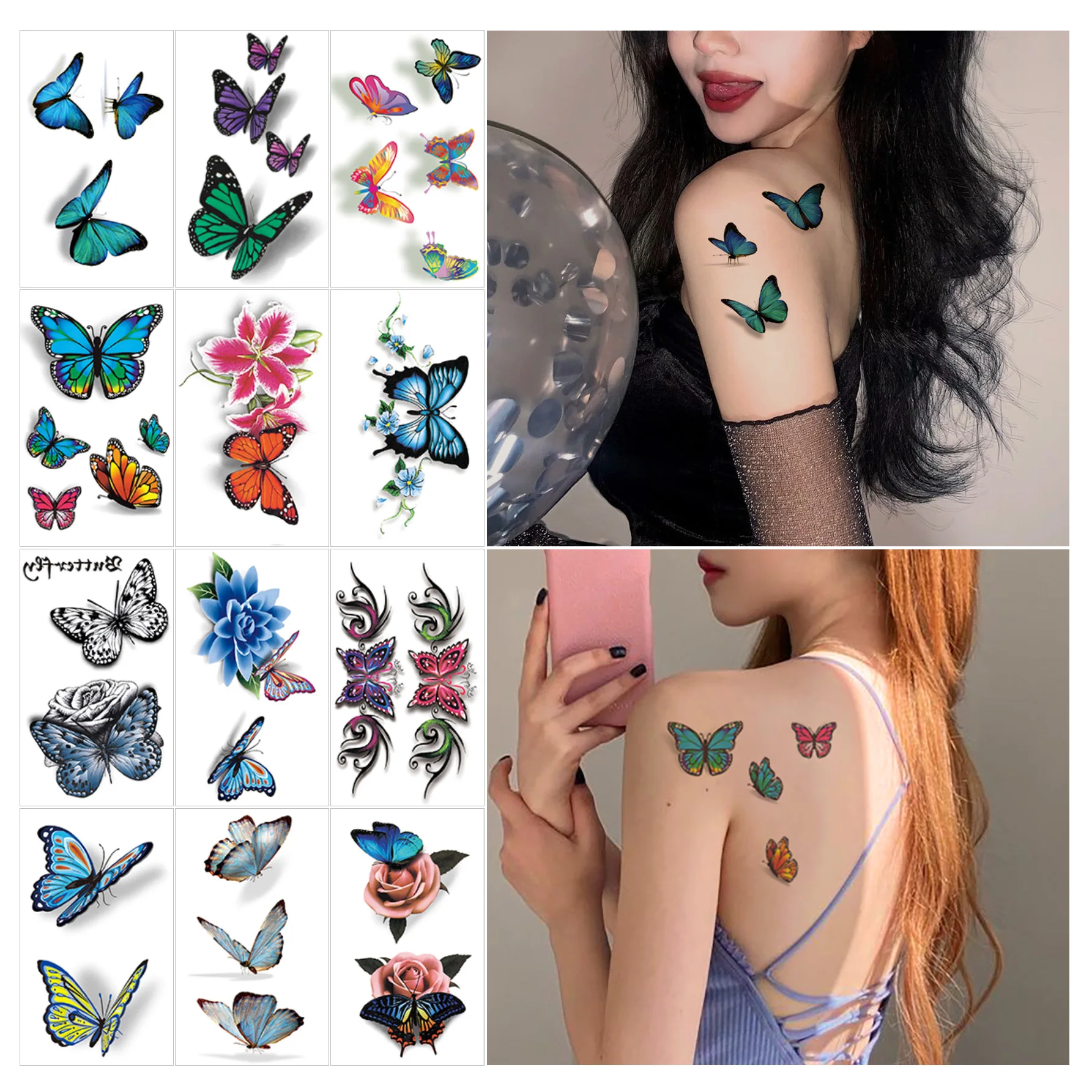 

12pcs/set New Waterproof DIY Painted Butterfly Fake Tattoo Sticker Pattern Fake Tattoo Flower Hand Tattoo Women's Party Gift