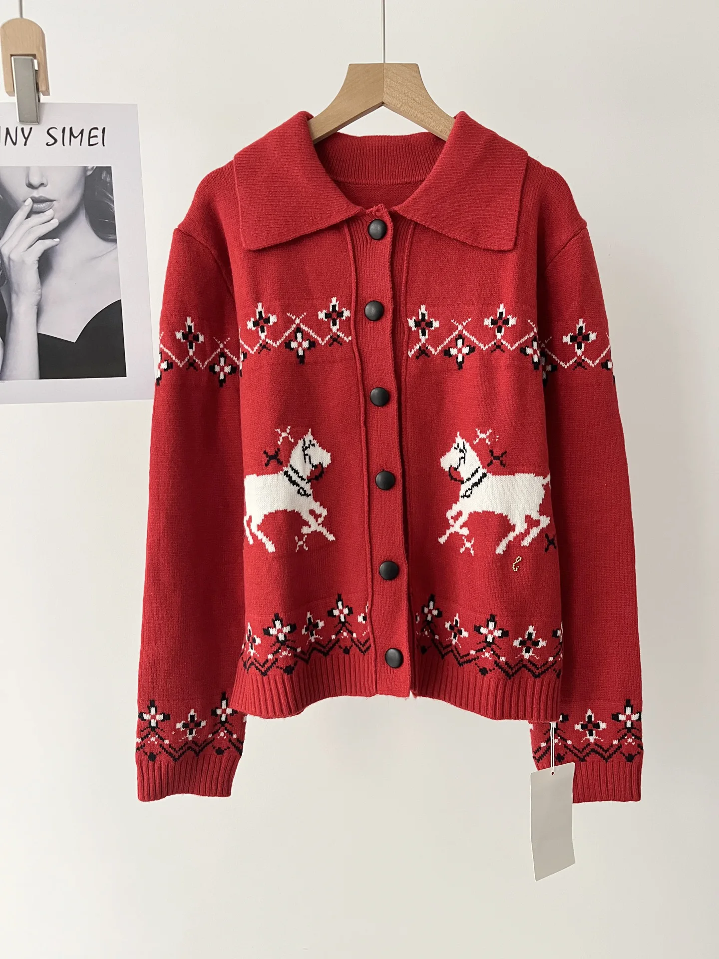 

Fair Isle Jacquard Women's Knit Fall & Winter Decoration Small Lapel Cardigan Jacket 077-1661